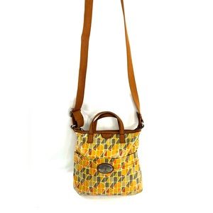 Fossil Orange Gray Tan Geometric Print Coated Canvas Small Crossbody Bag Purse